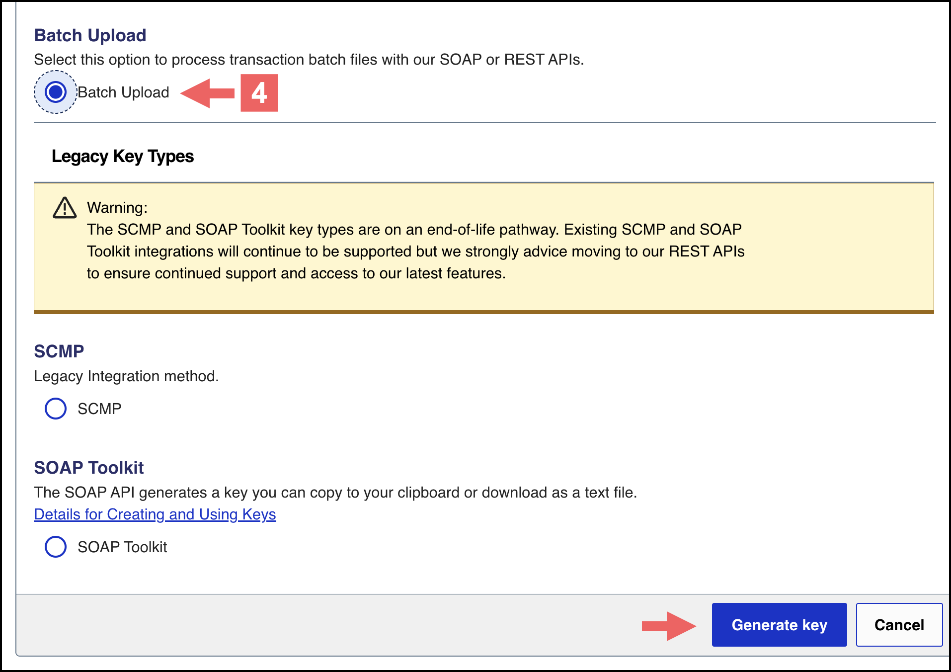 Key type selection with Batch Upload option