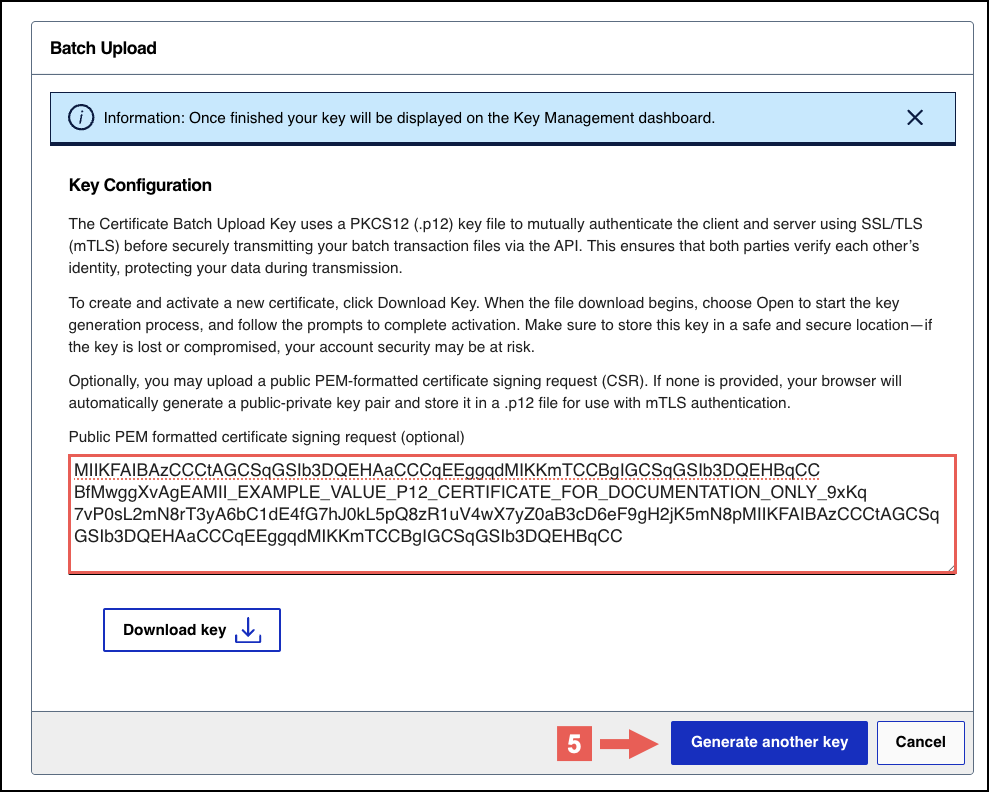 Certificate submission panel with PEM text box