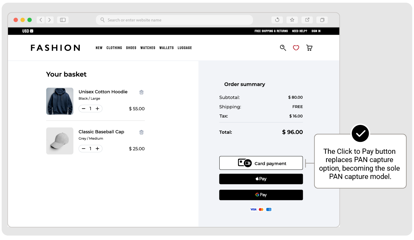 Click to Pay replacing PAN capture in a payment page, example 1