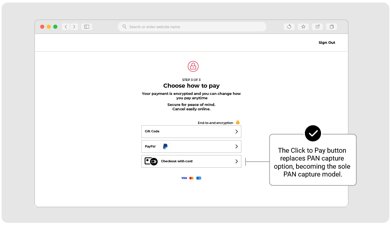 Click to Pay replaces PAN capture UI example