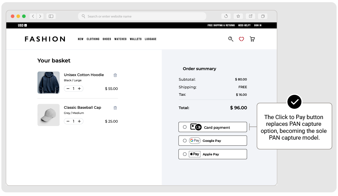 Click to Pay presented as a radio button payment option