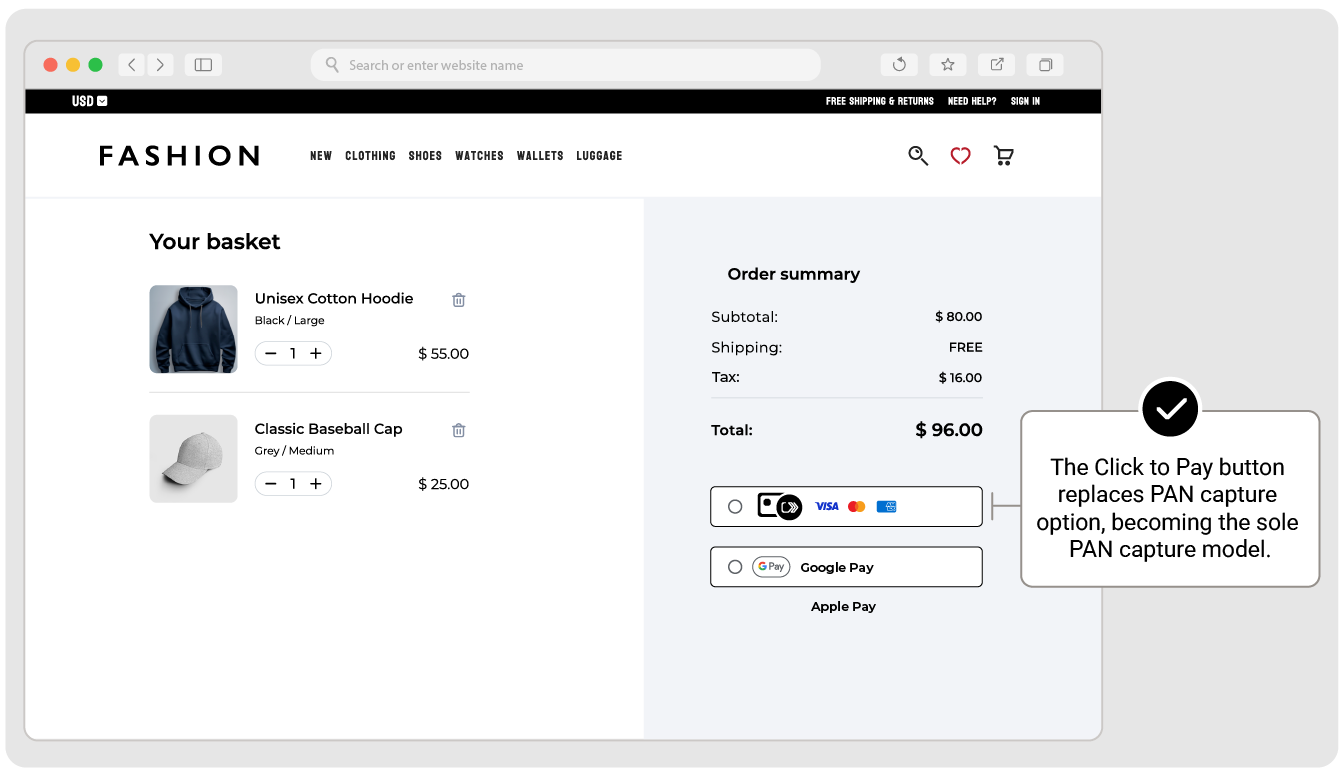 Click to Pay icon displayed on a radio button payment label
