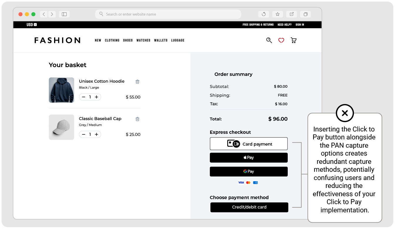 Multiple card payment options with Click to Pay in the UI, example 1
