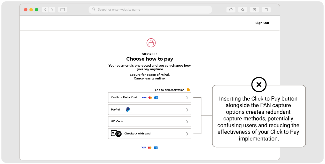Multiple card payment options with Click to Pay in a UI