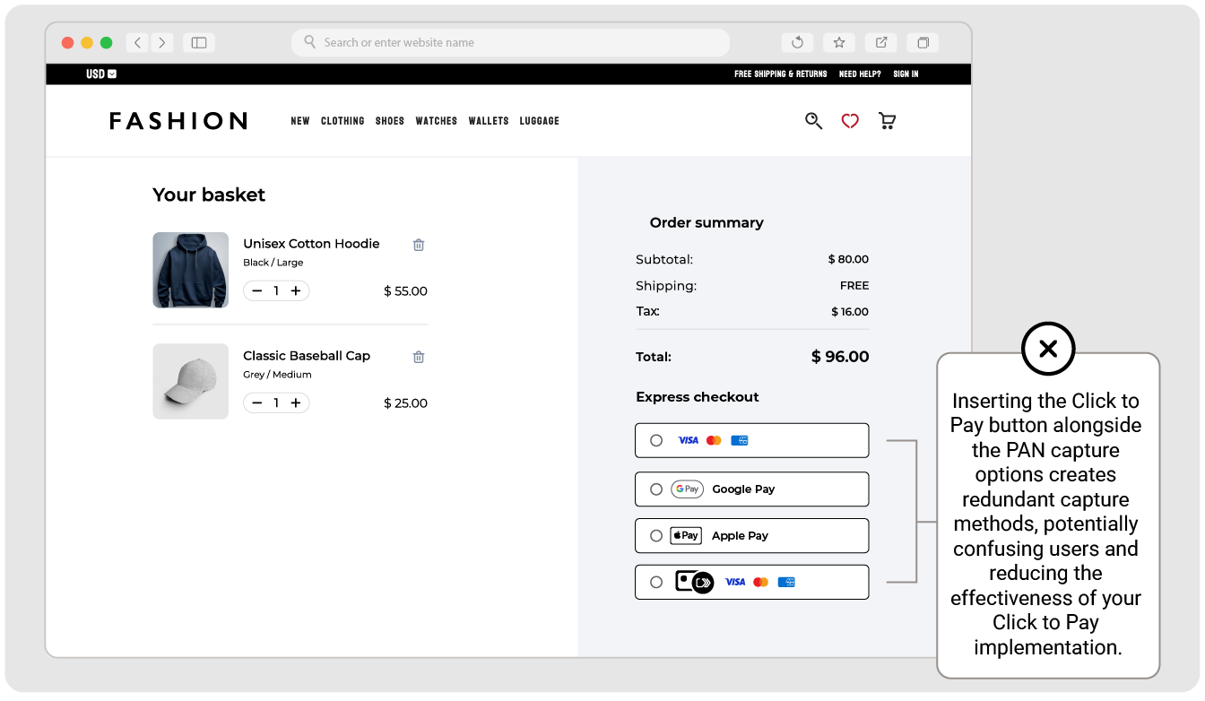 Multiple card payment options with Click to Pay in the UI, example 3