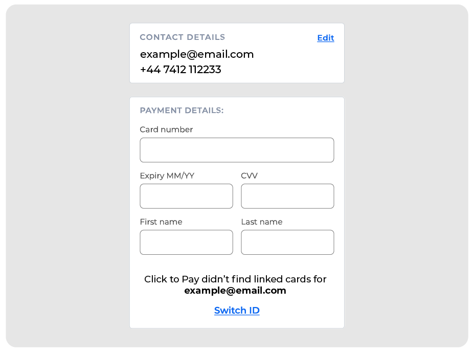 Example of the guest checkout UI with Switch ID and Edit options.