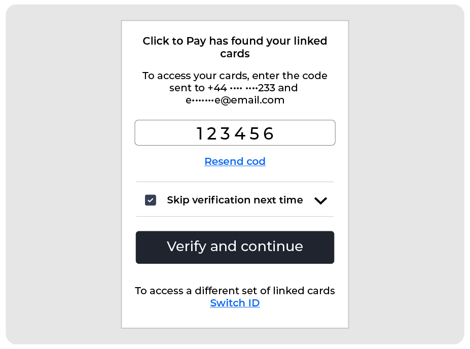 Example of stored Click to Pay credentials shown after OTP verification.