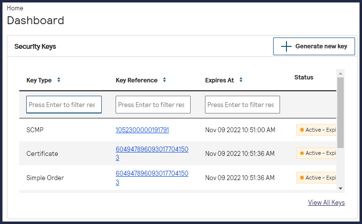 Business Center Dashboard showing security keys expiration status and key management navigation