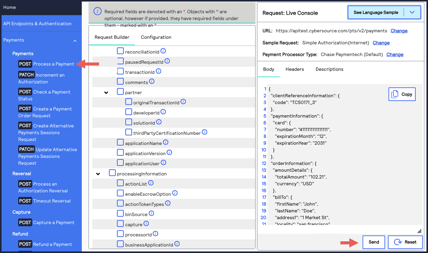 Developer Center example request