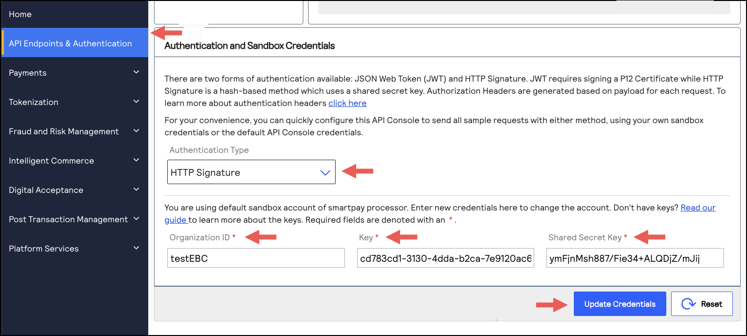 Developer Center showing HTTP Signature credentials entered