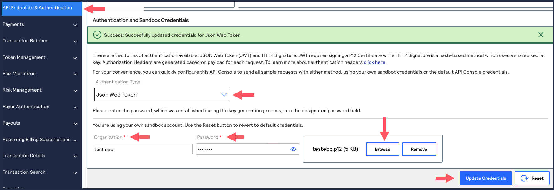 Developer Center showing the P12 certificate credentials updated successfully
