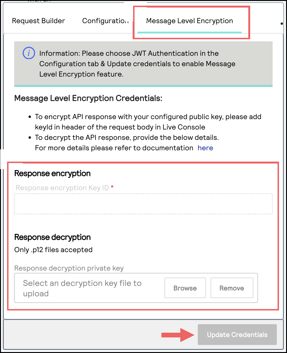 Message Level Encryption Credentials section with response encryption and decryption fields