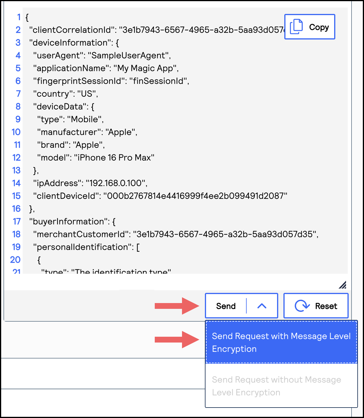 Send drop-down menu with Send Request with Message Level Encryption chosen