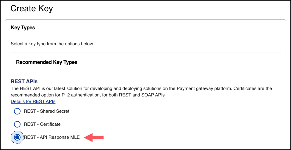 Key Generation page with REST – API Response MLE selected under REST APIs