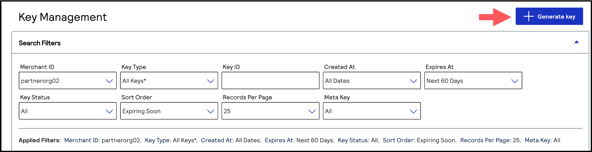Key Management page with the + Generate key button