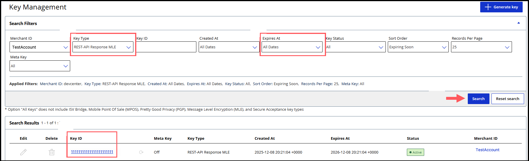 Key Management Search Results showing the REST–API Response MLE key ID