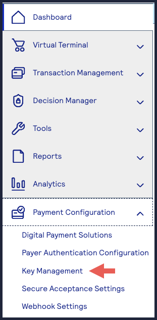 Business Center left navigation panel with Payment Configuration expanded to show Key Management