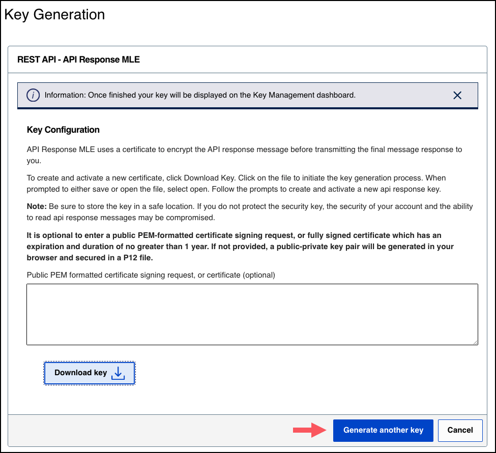 Create Key page for the API Response MLE certificate with the Download key button