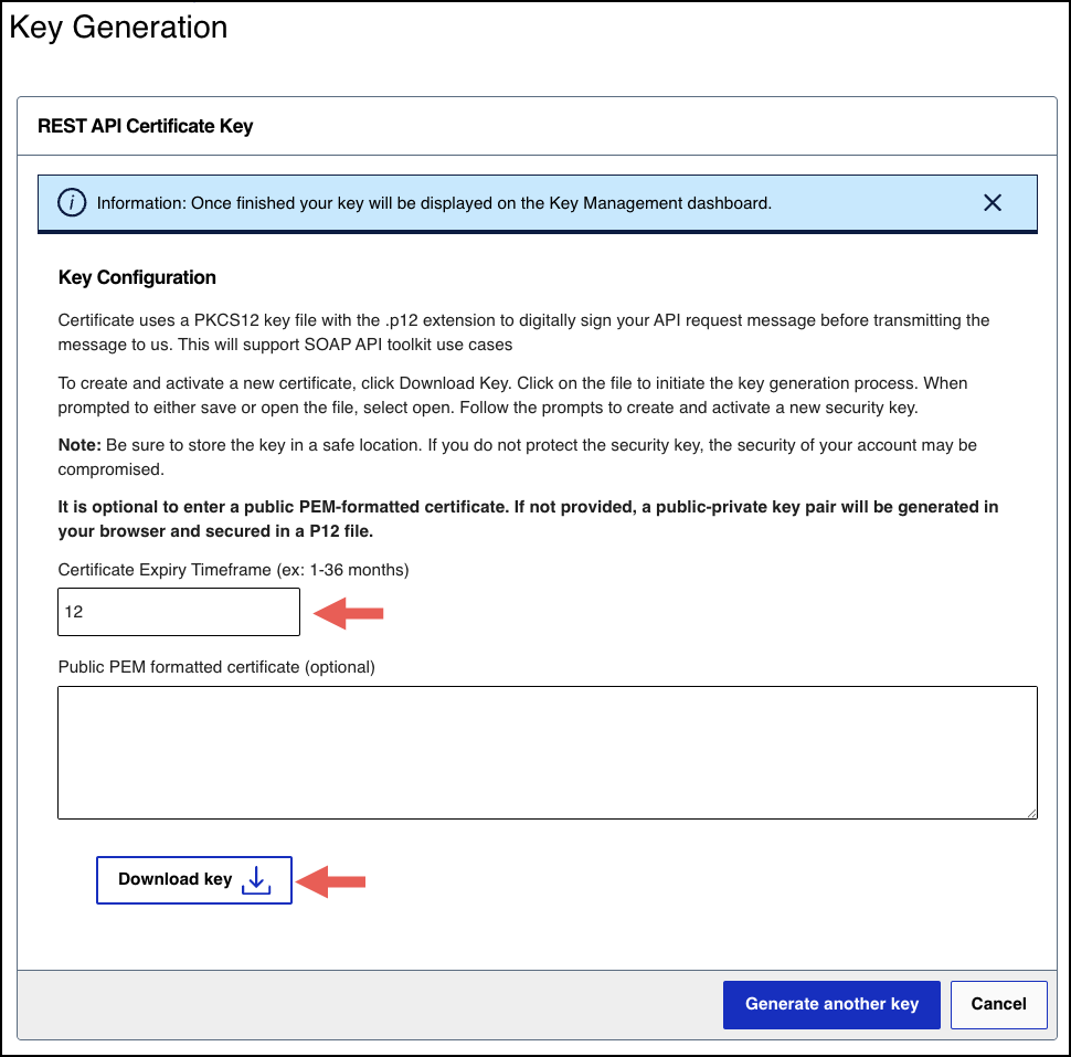Create Key page with an empty certificate text box and the Download key button