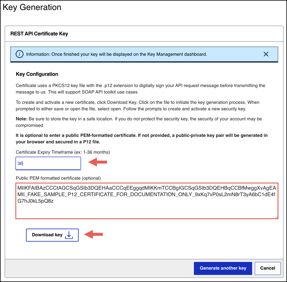 Create Key page with a PEM-formatted certificate pasted into the text box