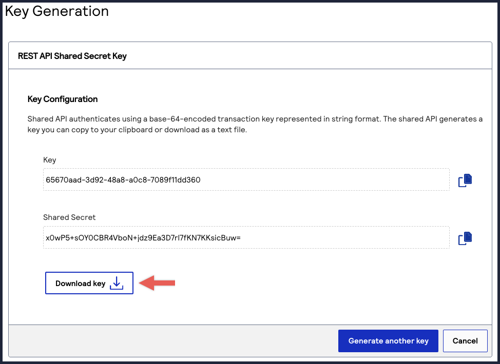 Shared secret key download page showing key ID and shared secret values