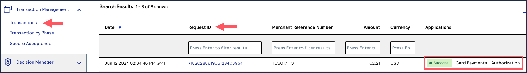 Transaction Management showing request ID in Search Results