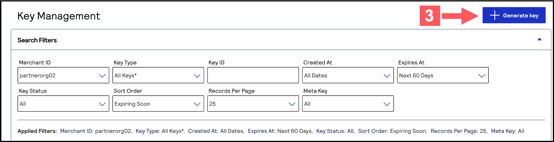 Generate key button on the Key Management page