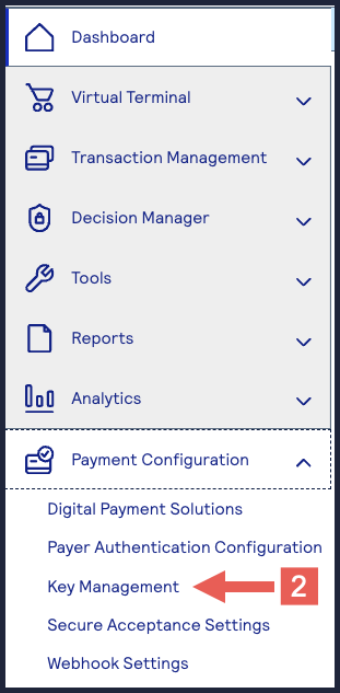 Left navigation panel in the Business Center showing Payment Configuration