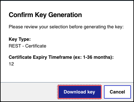 Confirmation Key Generation window showing key details for the P12 certificate