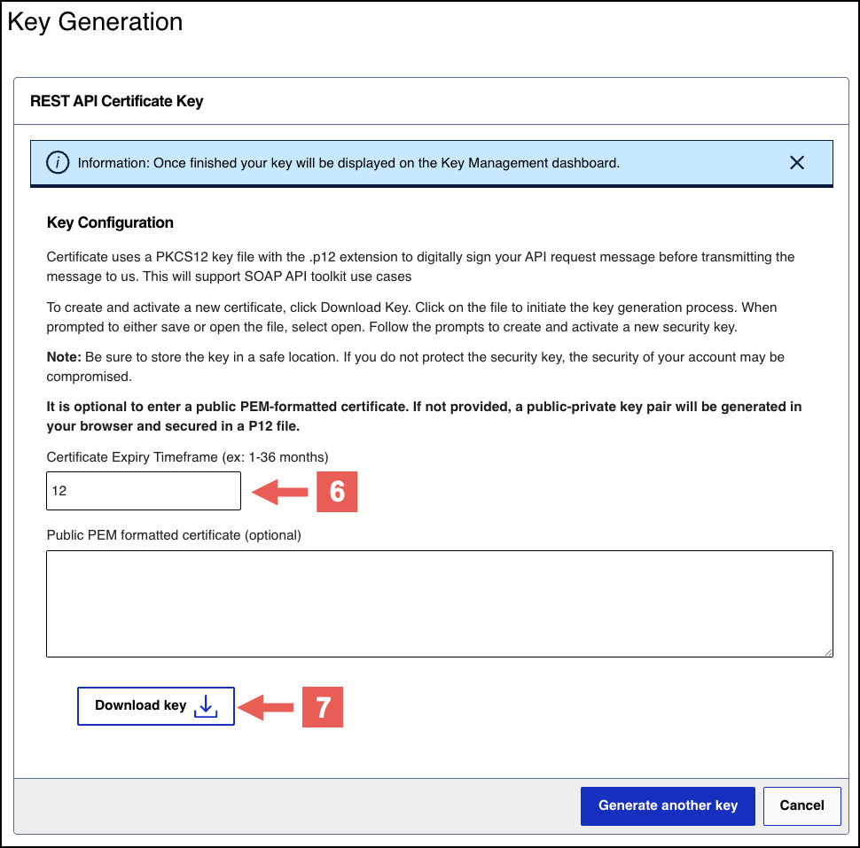 Key Generation page showing Certificate Expiry Timeframe and Download key button for REST API Certificate Key