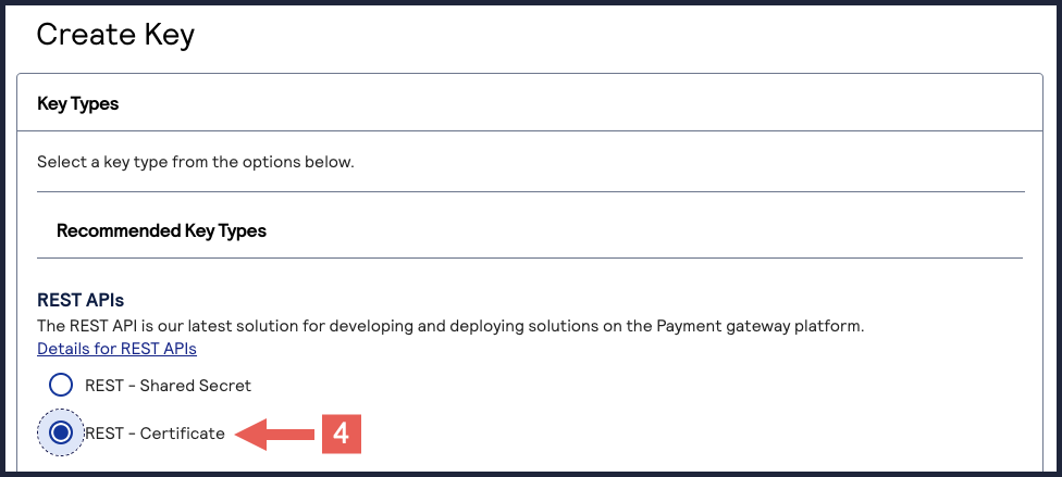 REST APIs key type selection showing REST – Certificate option