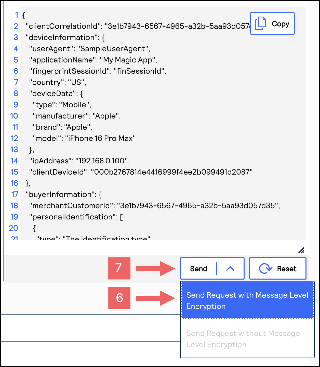 Send drop-down menu with Send Request with Message Level Encryption option selected