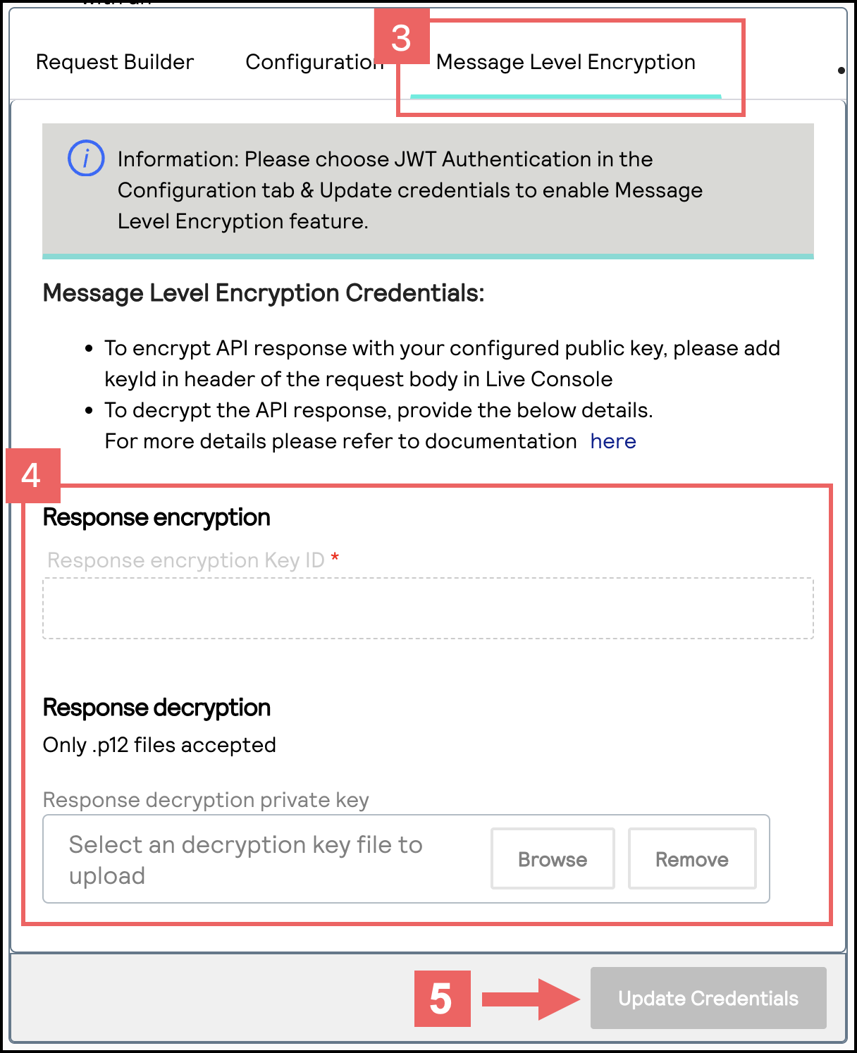MLE Configuration tab showing Message Level Encryption Credentials fields