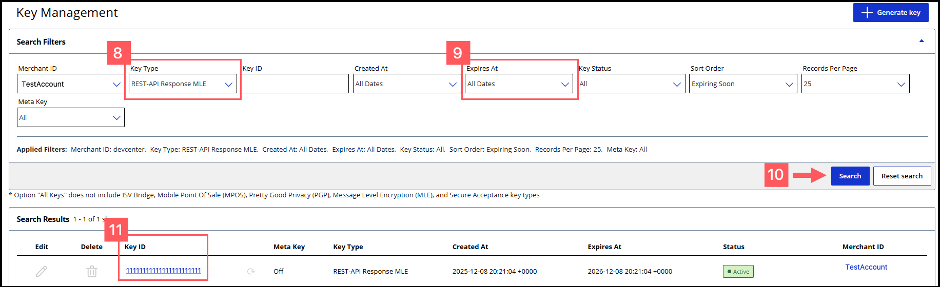 Key Management search results showing the REST–API Response MLE key and its key ID