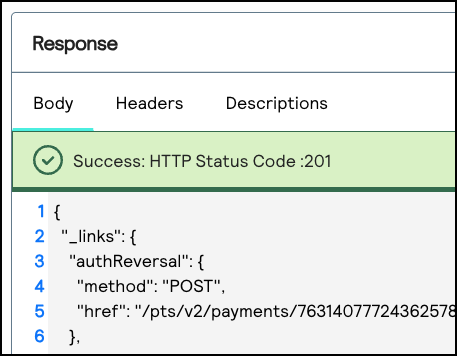 Response section showing Success: HTTP Status Code: 201 message