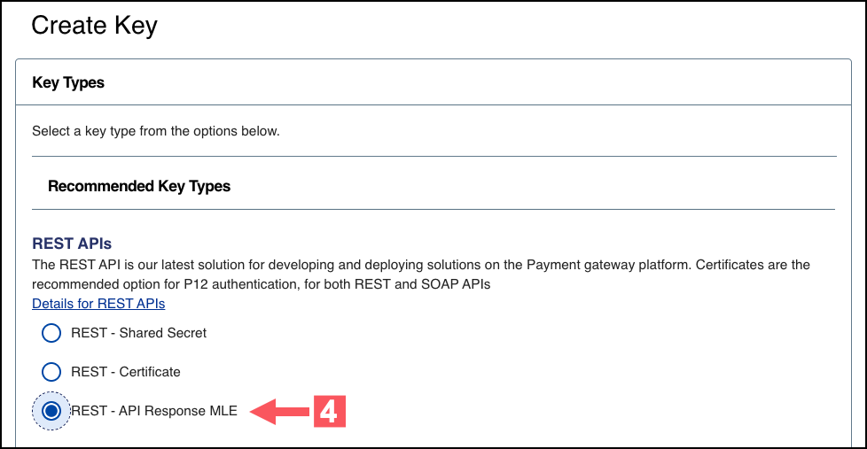 REST APIs key type selection showing REST – API Response MLE option
