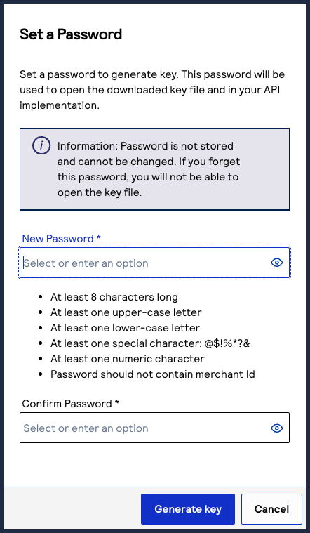 New Password and Confirm Password fields on the certificate password page