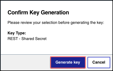 Confirmation Key Generation window showing key details for the shared secret key