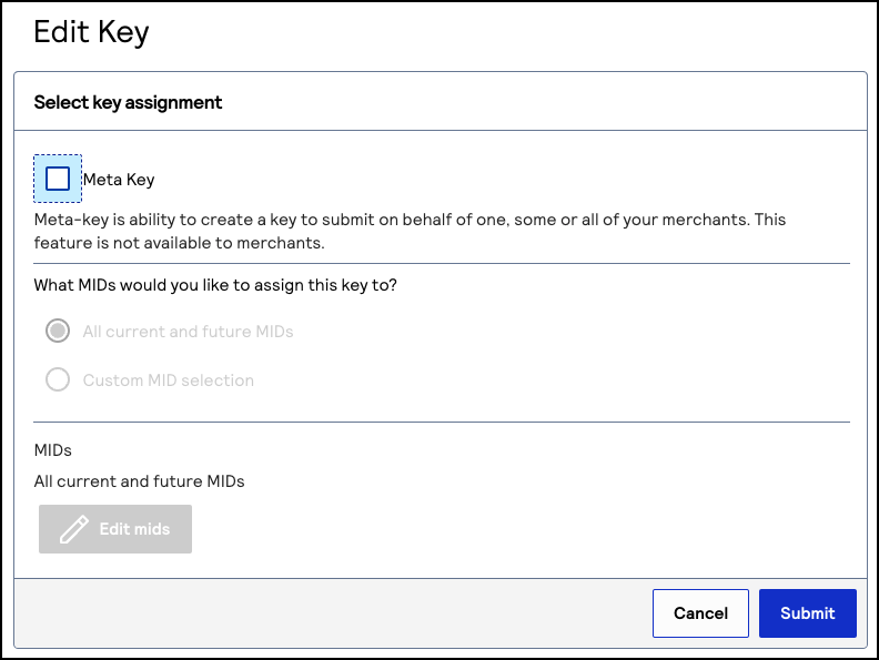 Edit Key page showing the Meta Key check box