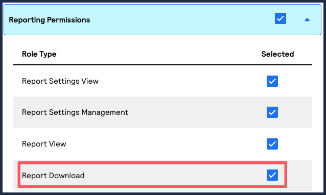 Reporting Permissions section with Report Download option