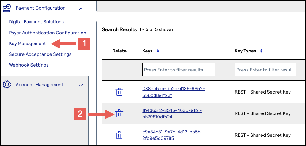 Delete Confirmation window showing the selected key and Delete and Cancel buttons
