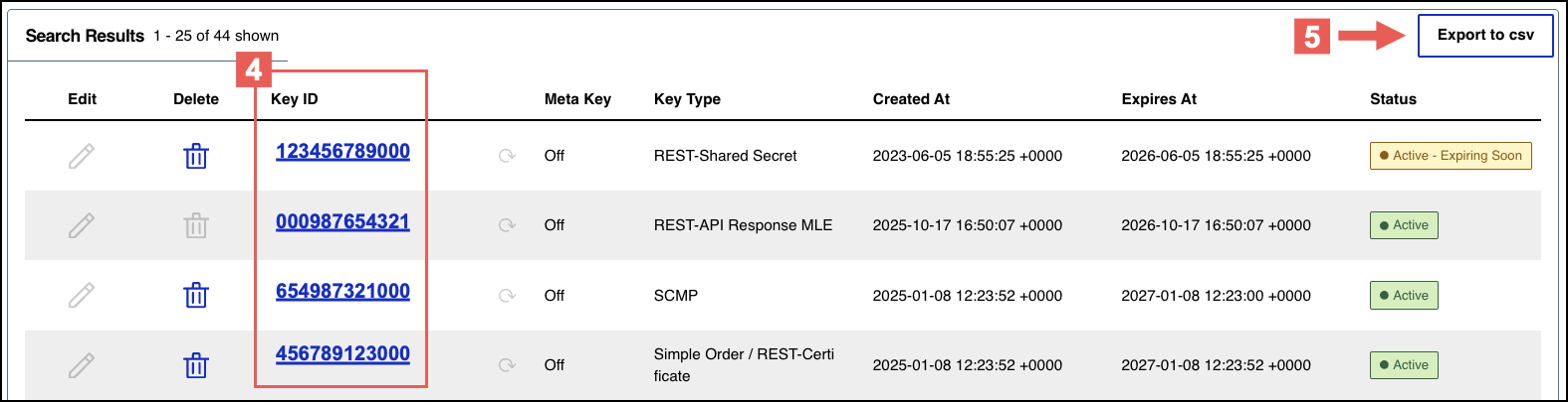 Search filter results table listing keys with their IDs, types, and status