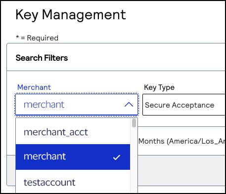 Merchant ID search filter showing merchant account selection