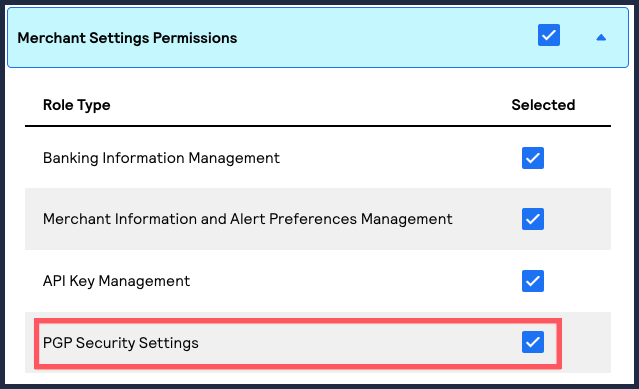 Merchant Settings Permissions section with PGP Security Settings option