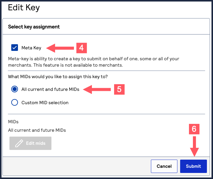 Edit Key page showing the Meta Key assignment options