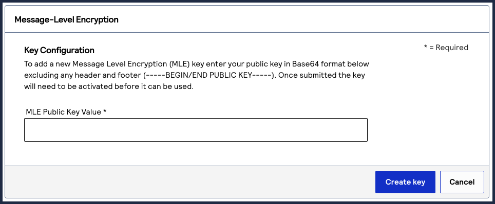 Public key value entry field and Create Key button