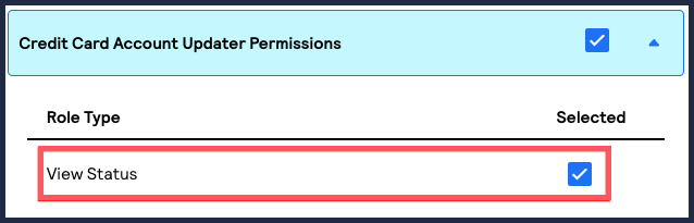 Credit Card Account Updater Permissions section with View Status option