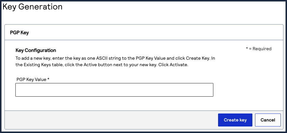 PGP ASCII key entry field and Create key button