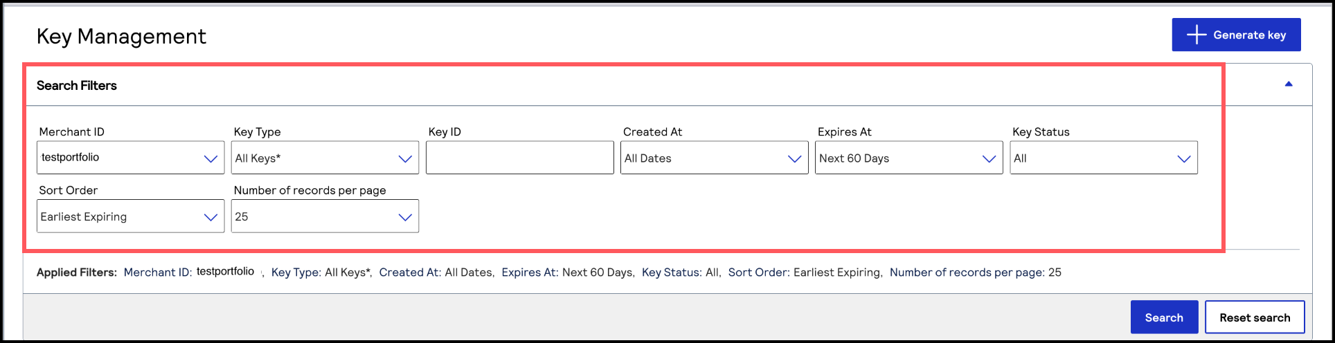 Key Management search filters panel showing filter options