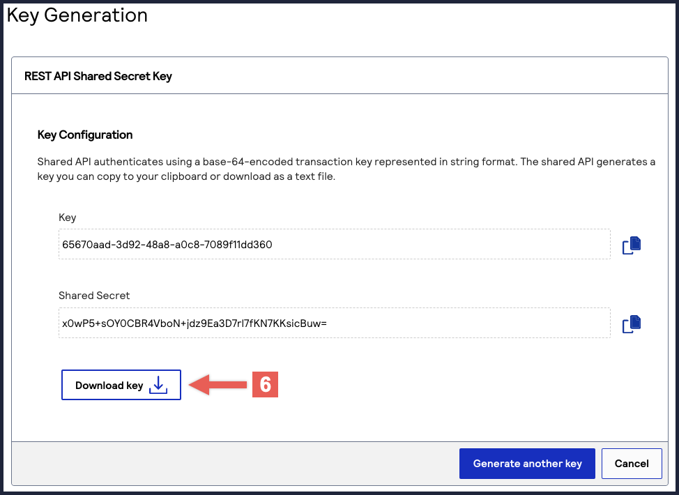 Shared Secret Key download page showing the Key and Shared Secret values